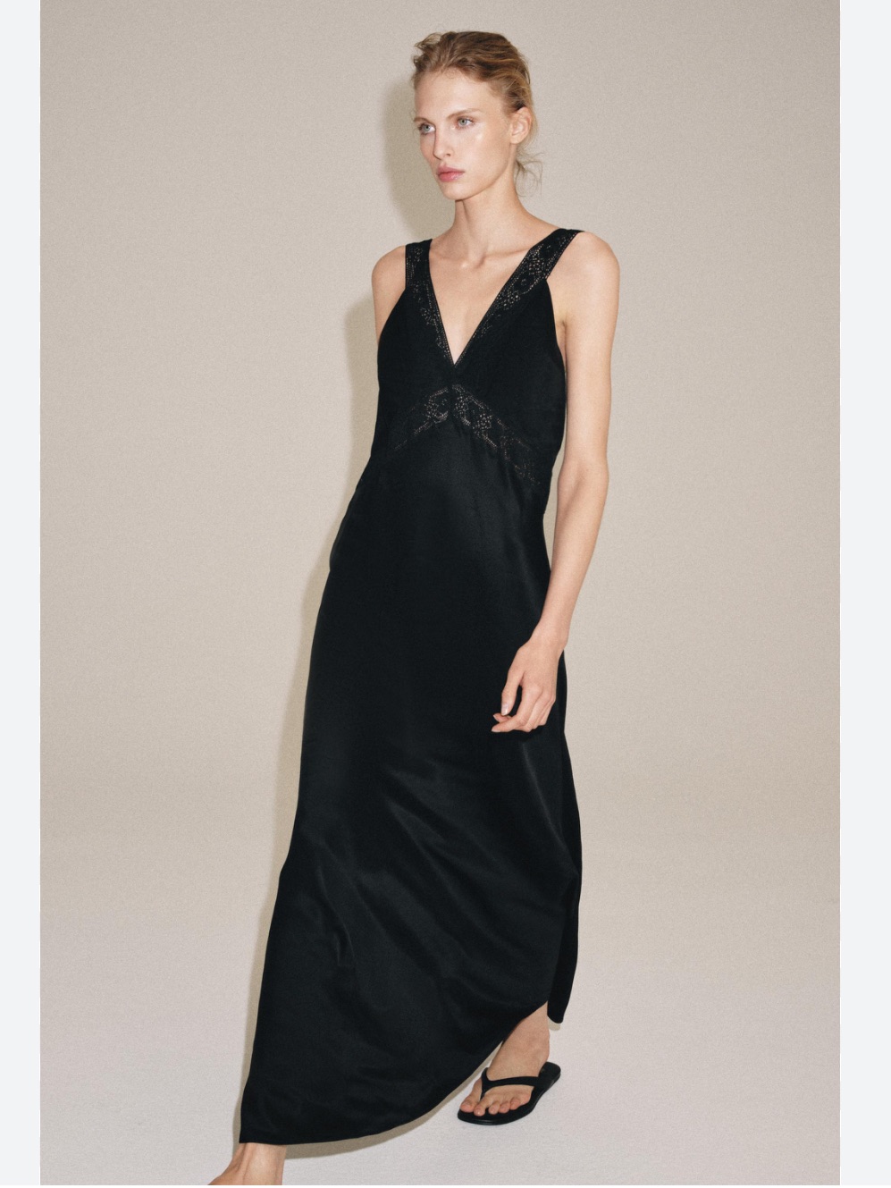 Nwt!! Zara Black Lace-Trim V-Neck Long Slip Dress
